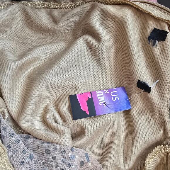 Woman's Tan Embellished Feather Trim Mini Dress Sz. S/M - Picture 6 of 7